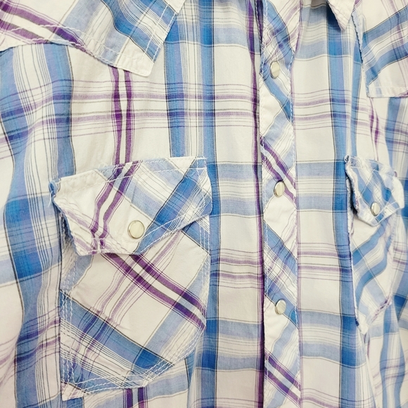 🌿Wrangler 20X Competition Mens Lavender/Blue/White Plaid Pearl Snap Shirt - Picture 6 of 9